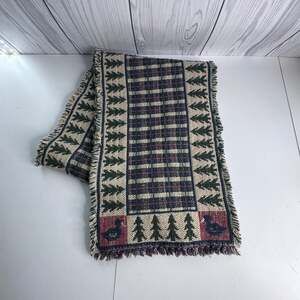Vtg Christmas Tree Ducks Fringe Table Runner Woven Holiday Decor 11x33 Cottage
